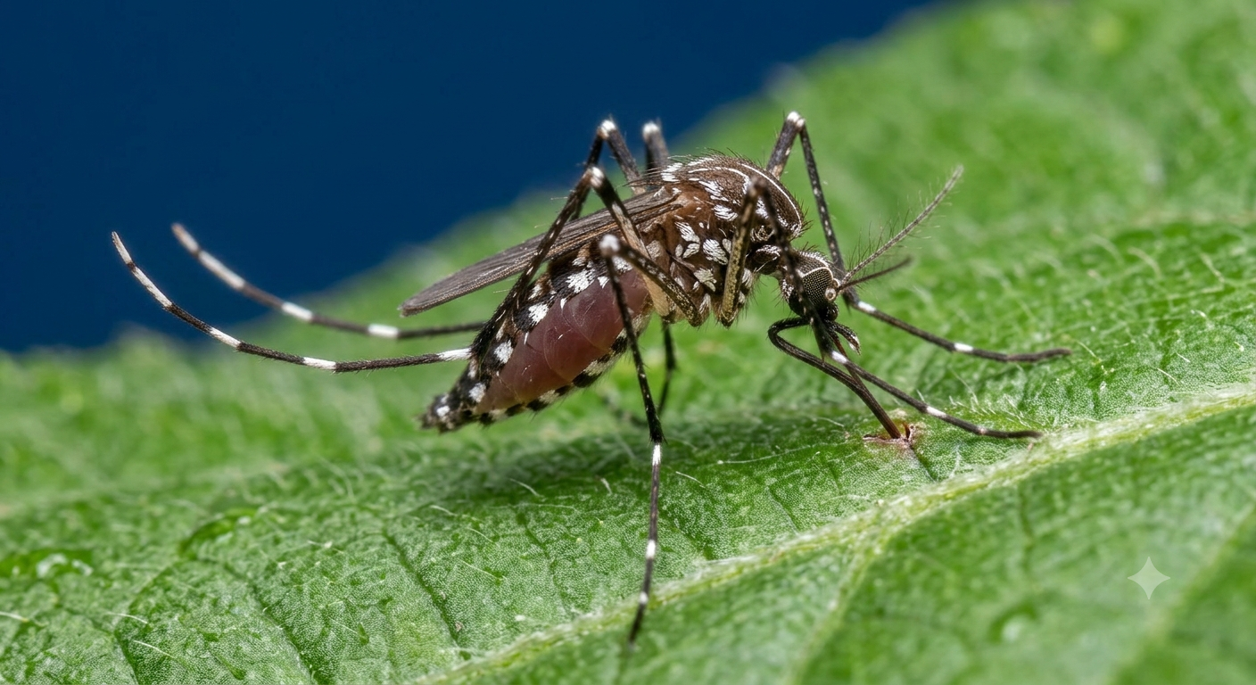 Detailed specimen illustration of a female Aedes aegypti mosquito with characteristic lyre-shaped white markings on the thorax