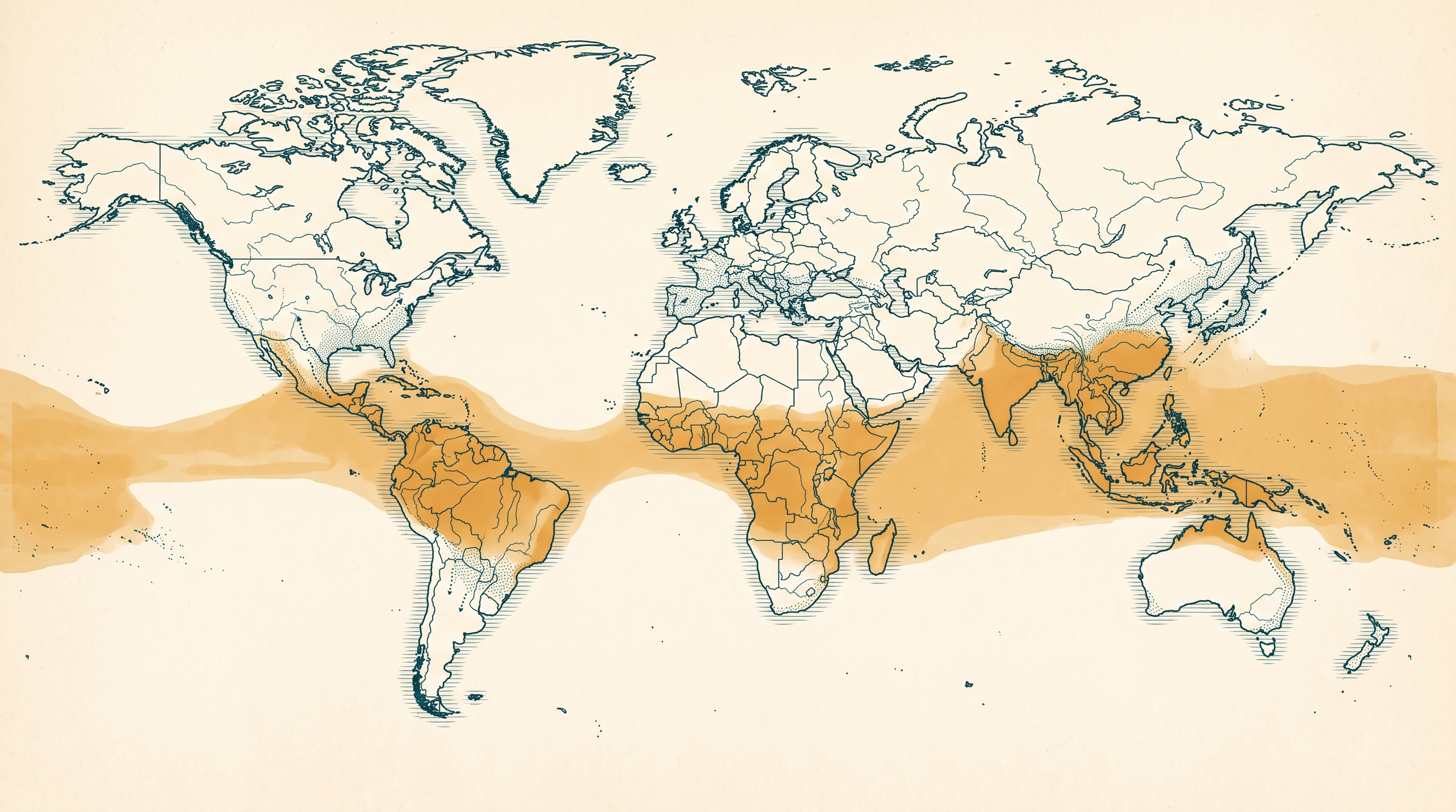 Stylized field-guide world map showing established Aedes aegypti range across the tropics in amber, with dotted arrows marking the advancing edge into the southern United States, southern Europe, and East Asia