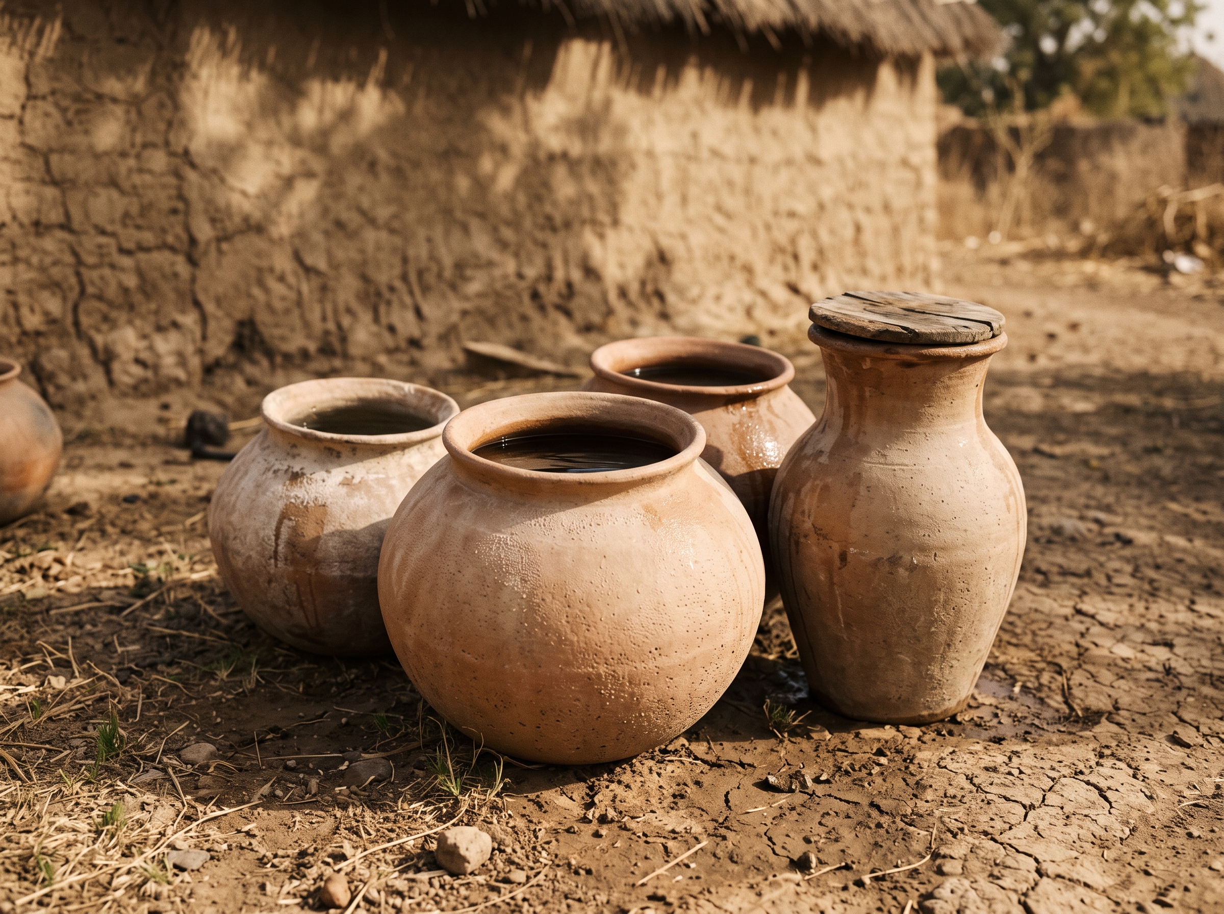 Hand-thrown terracotta water-storage vessels holding still water beside a mud-brick wall in a drying Sahel village — the breeding niche that drove Aedes aegypti's specialization on humans
